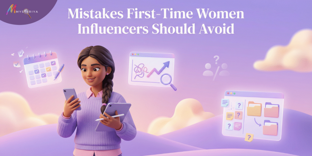 Banner image for “Mistakes First-Time Women Influencers Should Avoid” featuring a young woman managing content on her phone and tablet, surrounded by icons of analytics, content planning, folders, and growth charts on a purple gradient background with the Mystsriya logo.