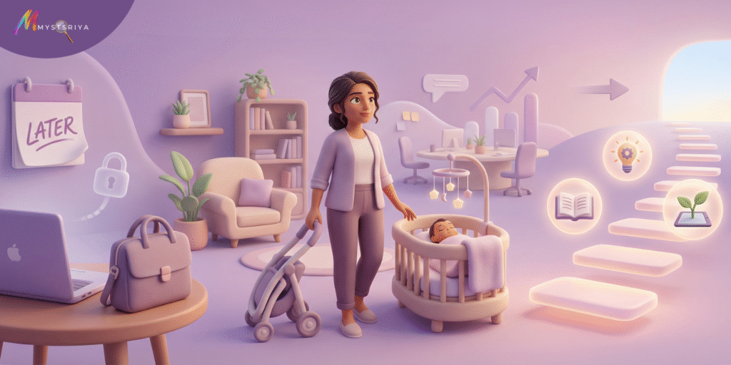 Soft pastel illustration of a postpartum woman standing beside her sleeping baby in a crib, with a laptop, work bag, and symbols of career growth in the background, representing the balance between motherhood, body image, and career sacrifices.