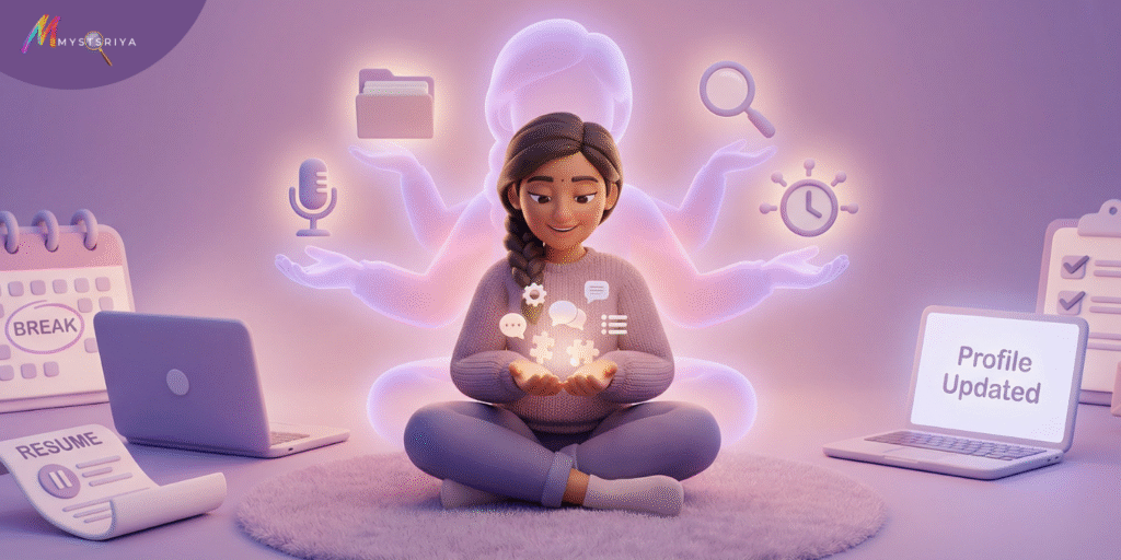 Illustration of a woman restarting her career after a break, with resume, laptop, calendar, and job search icons around her.