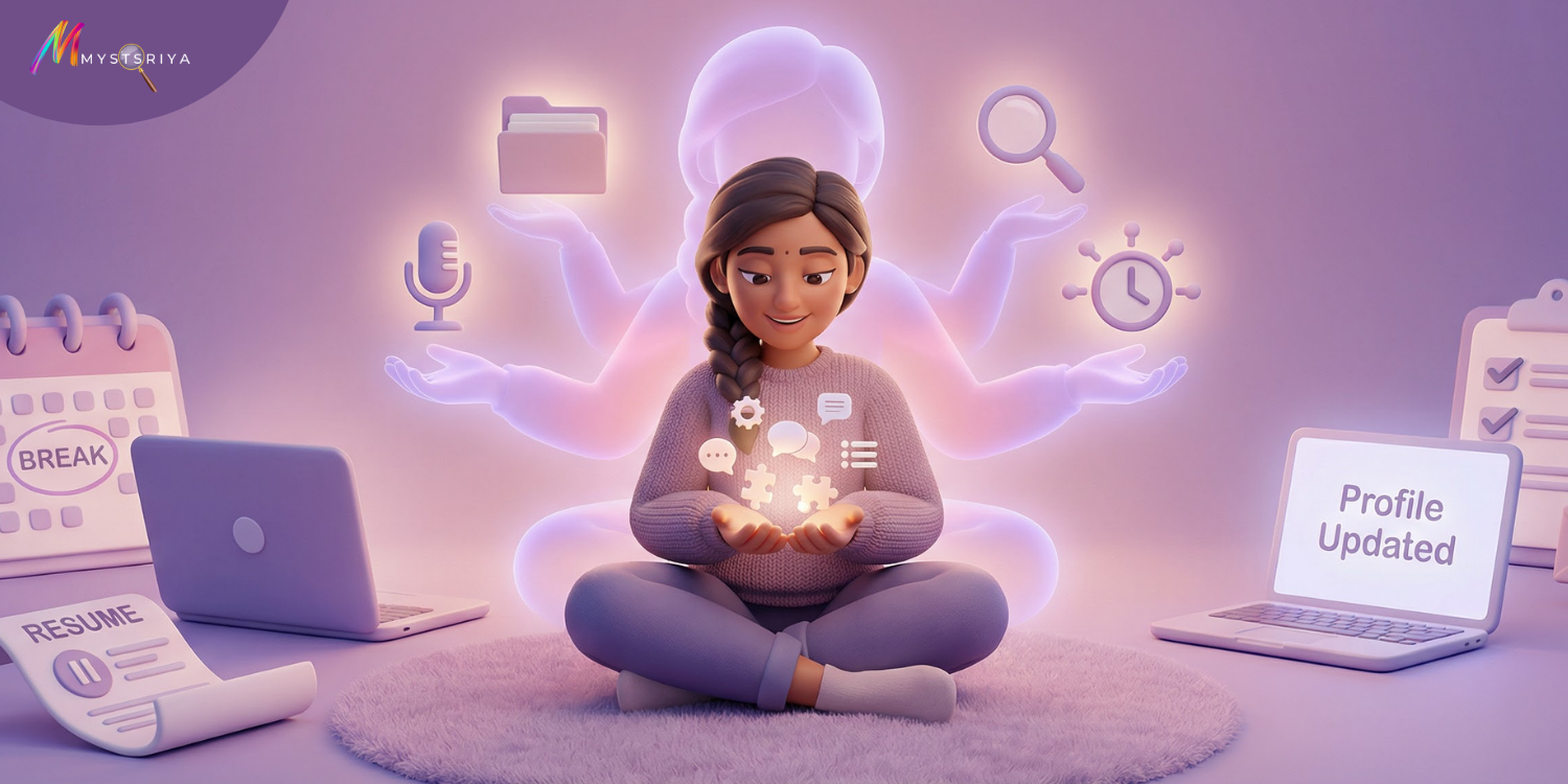 Illustration of a woman restarting her career after a break, with resume, laptop, calendar, and job search icons around her.