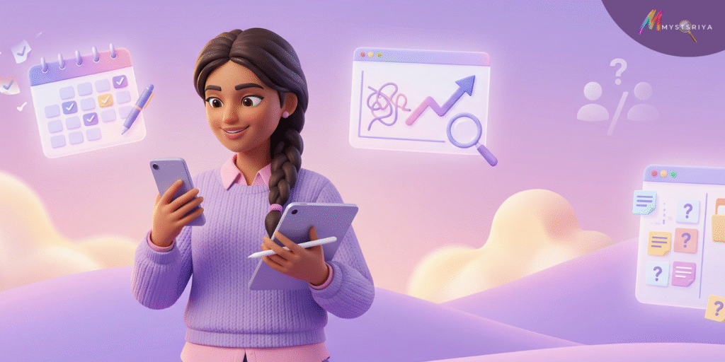 Banner image for “Mistakes First-Time Women Influencers Should Avoid” featuring a young woman managing content on her phone and tablet, surrounded by icons of analytics, content planning, folders, and growth charts on a purple gradient background with the Mystsriya logo.