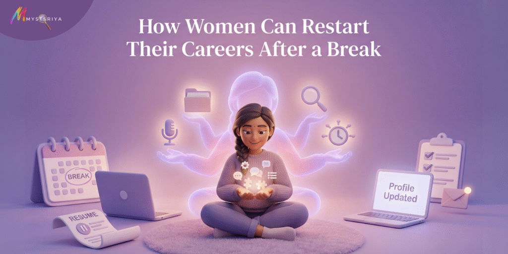 Illustration of a woman restarting her career after a break, with resume, laptop, calendar, and job search icons around her.