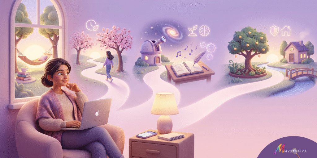 Soft pastel illustration of a woman working on a laptop from a cozy chair at home, with a dreamy path leading to symbols of side income like writing, music, learning, gardening, and creativity, representing multiple streams of personal growth and income.