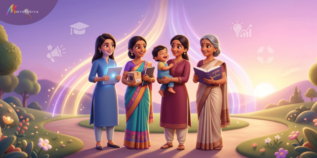 Illustration celebrating International Women’s Day showing diverse Indian women – a student, teacher, mother with child, professional, and elder – standing together, symbolizing strength, empowerment, education, and community support.