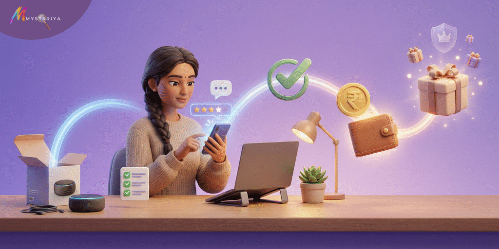 Woman earning money from product reviews using smartphone and laptop at home