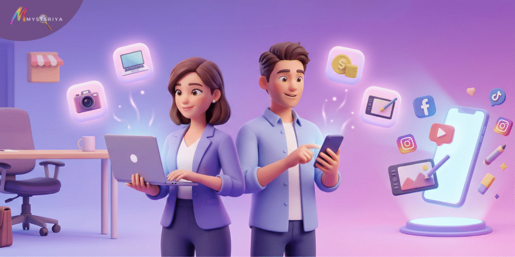 Illustration of Millennials and Gen Z using laptops and smartphones to explore side hustles like freelancing, online business, and social media content creation.