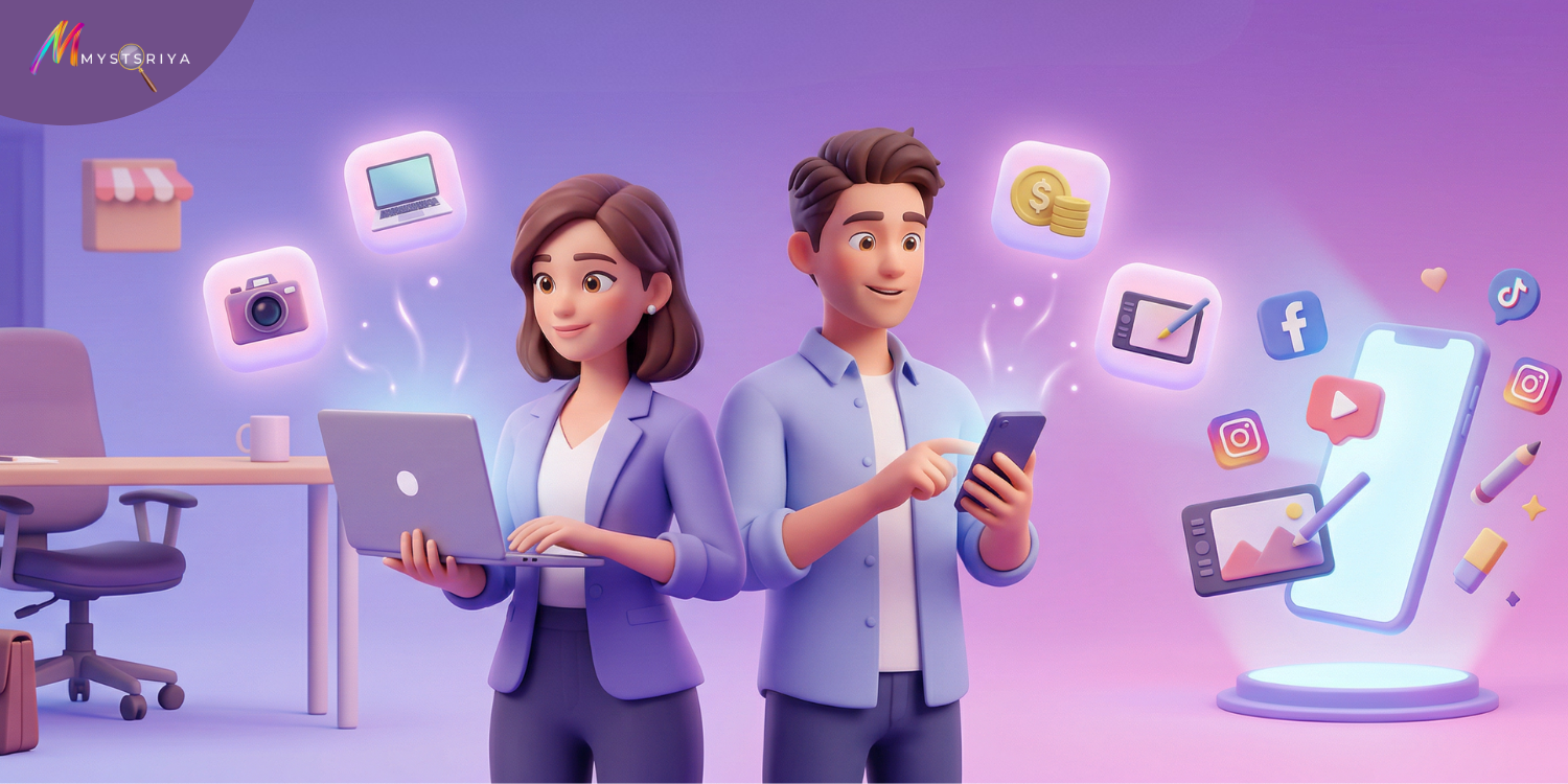 Illustration of Millennials and Gen Z using laptops and smartphones to explore side hustles like freelancing, online business, and social media content creation.