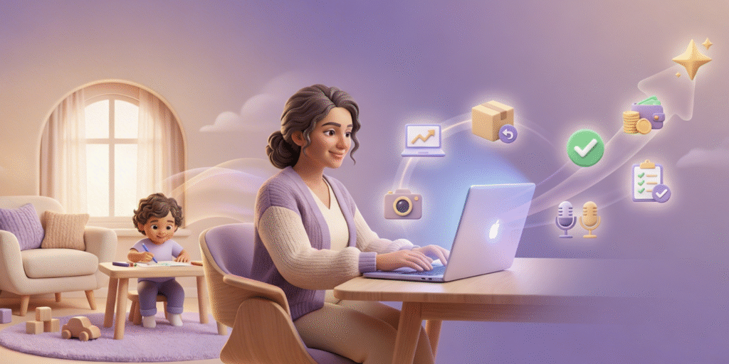 Mother working on laptop from home while child studies nearby, representing work from home opportunities for homemakers