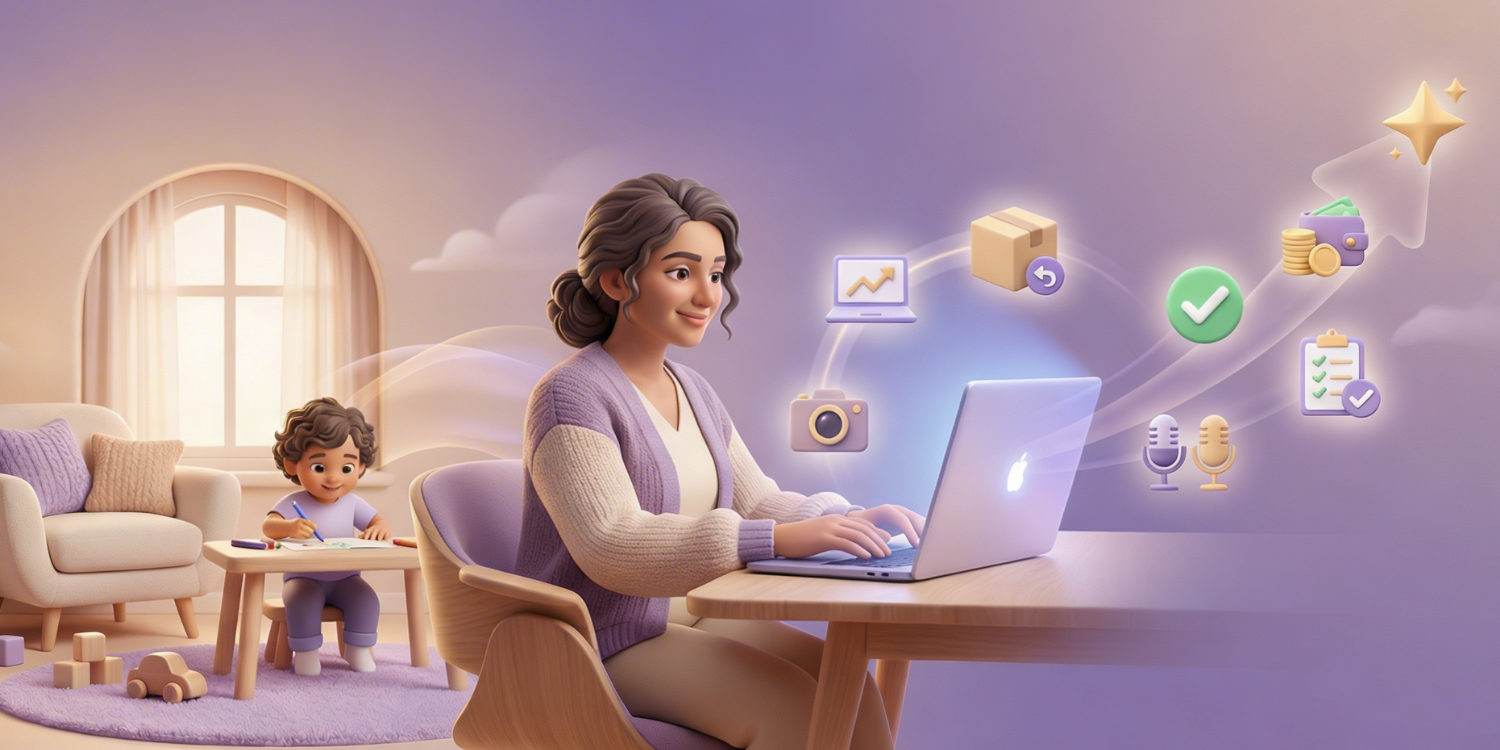 Mother working on laptop from home while child studies nearby, representing work from home opportunities for homemakers