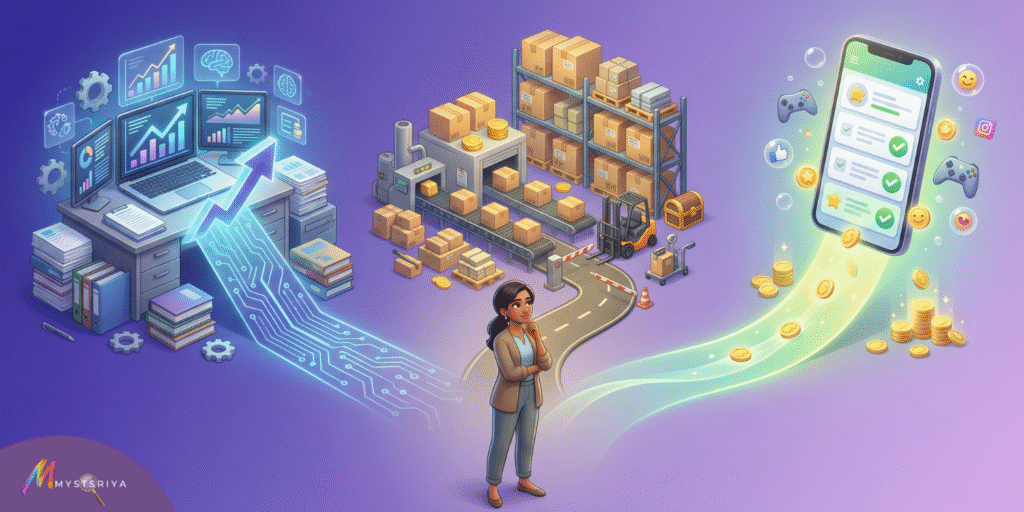 Illustration of a woman choosing between career growth, business operations, and digital income streams, symbolizing financial independence and wealth creation through strategy and technology.