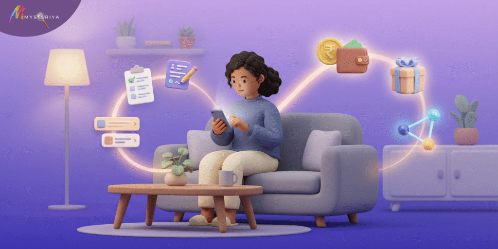 A stylized 3D illustration of a woman sitting on a sofa, using her smartphone in a cozy living room. Around her, floating icons such as a checklist, documents, money, a wallet, a gift box, and a network diagram are connected in a glowing loop, symbolizing online tasks, earnings, and digital opportunities. A coffee table with a plant and mug sits in front, with soft lighting and a purple gradient background creating a calm, modern atmosphere.