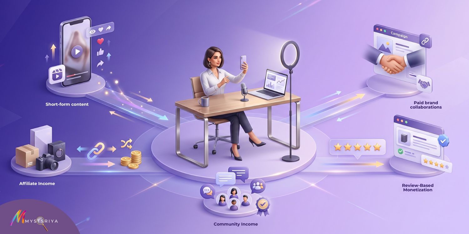 Illustration of a content creator sitting at a desk recording with a phone, ring light, and laptop, surrounded by visual elements showing income streams like short-form content, affiliate income, community income, paid brand collaborations, and review-based monetization.