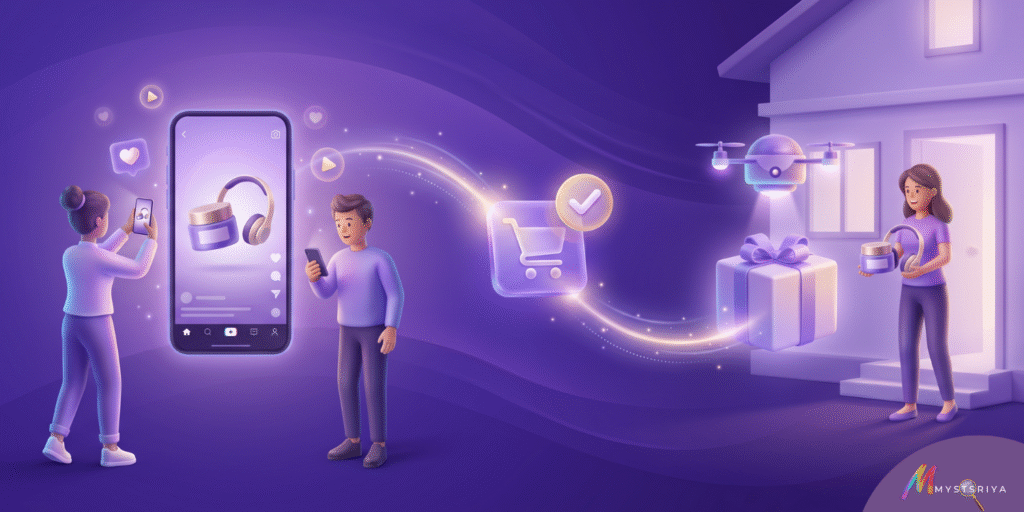 Illustration of the creator economy showing a person reviewing a product on a smartphone, another browsing on their phone, and a delivery arriving at a home, representing the journey from product review to purchase and delivery.