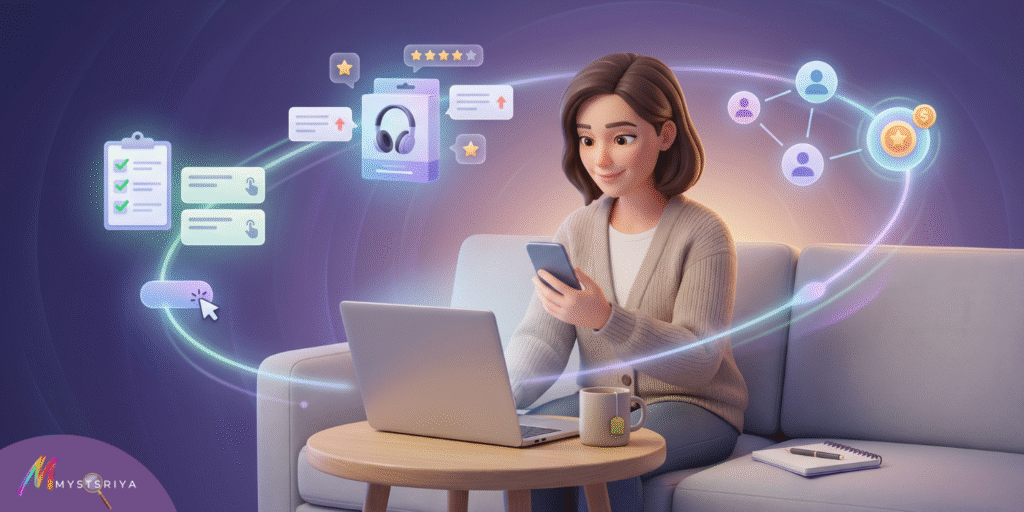 Illustration of a woman sitting on a sofa using a laptop and smartphone, surrounded by floating icons representing online selling, product reviews, tasks, and digital marketing, suggesting e-commerce or remote work.