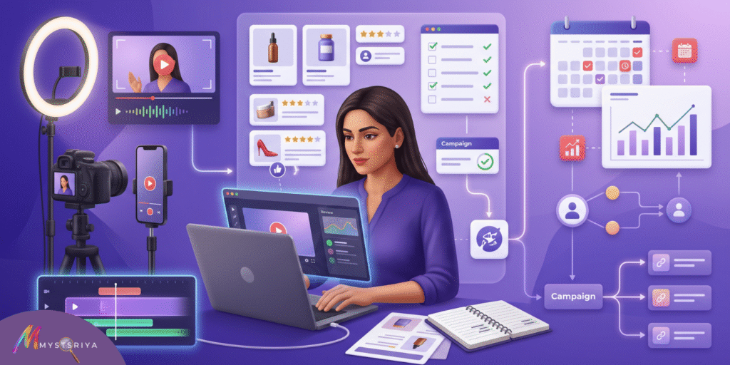 Illustration of a digital content creator managing brand campaigns and product reviews using a laptop, camera, ring light, and analytics dashboard, representing the modern creator economy and influencer lifestyle.