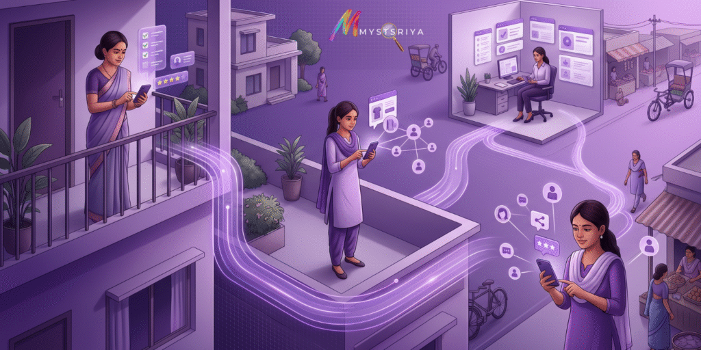 Illustration of women in India’s Tier 2 and Tier 3 cities using smartphones for digital earning opportunities, including online tasks, referrals, reviews, and remote work, representing the growth of the digital income economy.