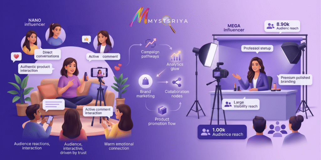 Illustration comparing nano influencers and mega influencers, showing nano creators with direct audience interaction and trust-based engagement versus mega influencers with professional studio branding and wider audience reach.