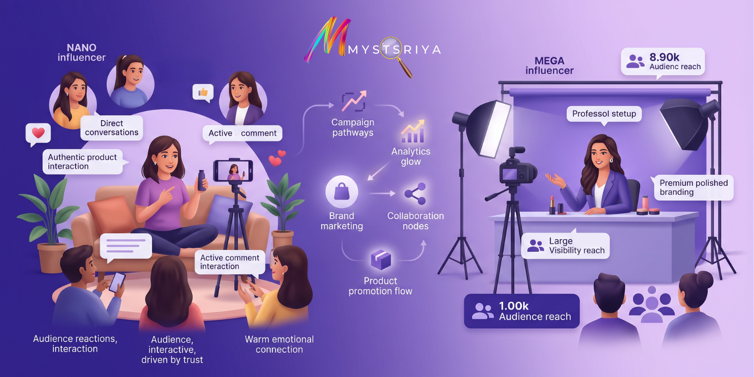 Illustration comparing nano influencers and mega influencers, showing nano creators with direct audience interaction and trust-based engagement versus mega influencers with professional studio branding and wider audience reach.