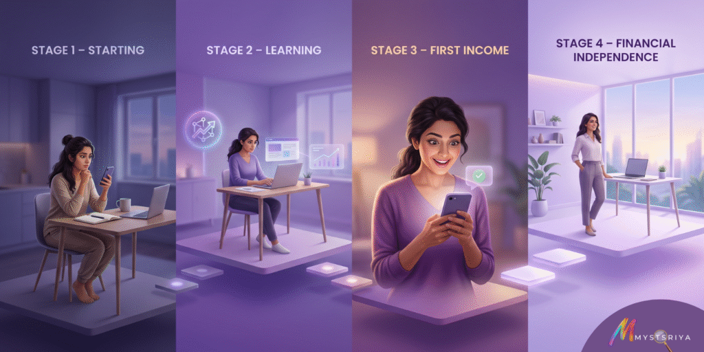A four-panel illustration showing a woman’s journey to financial independence. Panel 1, “Stage 1 – Starting,” shows a woman sitting at a desk looking at her phone. Panel 2, “Stage 2 – Learning,” shows her developing digital skills while working on a laptop. Panel 3, “Stage 3 – First Income,” shows her smiling as she receives a notification on her phone. Panel 4, “Stage 4 – Financial Independence,” shows her confidently standing in a bright home office. The design uses soft purple tones and highlights growth, learning, income generation, and empowerment.