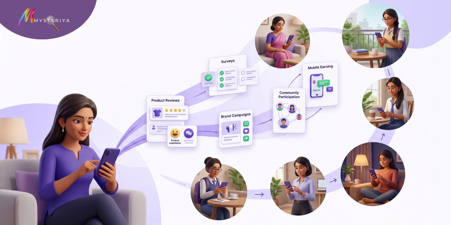 Illustration showing how the Mystsriya app empowers women to earn rewards and participate in brand activities through their smartphones. A woman using a mobile phone is connected to various opportunities, including product reviews, surveys, brand campaigns, community participation, and mobile earning. The visual depicts women from different backgrounds engaging with the platform, highlighting flexible earning, learning, and community-building opportunities from home.