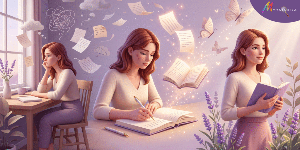 A woman uses journaling to move from feeling stuck and overwhelmed to gaining clarity and confidence. The illustration shows a journey of self-reflection, writing, and personal growth through journaling.