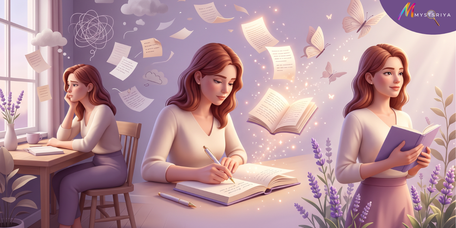 A woman uses journaling to move from feeling stuck and overwhelmed to gaining clarity and confidence. The illustration shows a journey of self-reflection, writing, and personal growth through journaling.