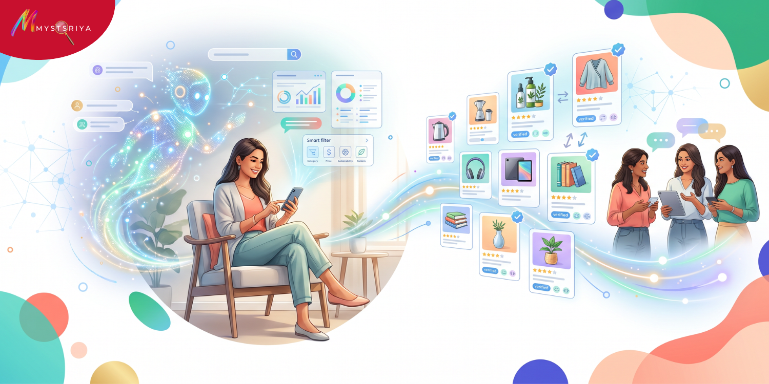 Illustration of a woman using an AI shopping assistant to compare products, discover personalized recommendations, and verify reviews with a trusted women's community