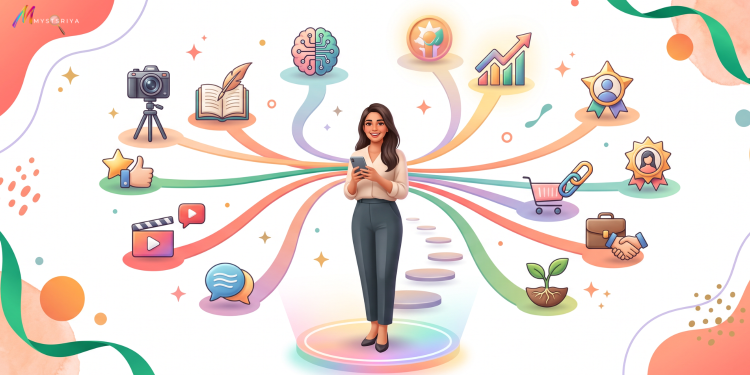 Woman using a smartphone with icons representing content creation, AI, writing, video editing, product reviews, affiliate marketing, social media, digital payments, networking, career growth, and entrepreneurship, illustrating how a smartphone can help build digital skills and an online career.