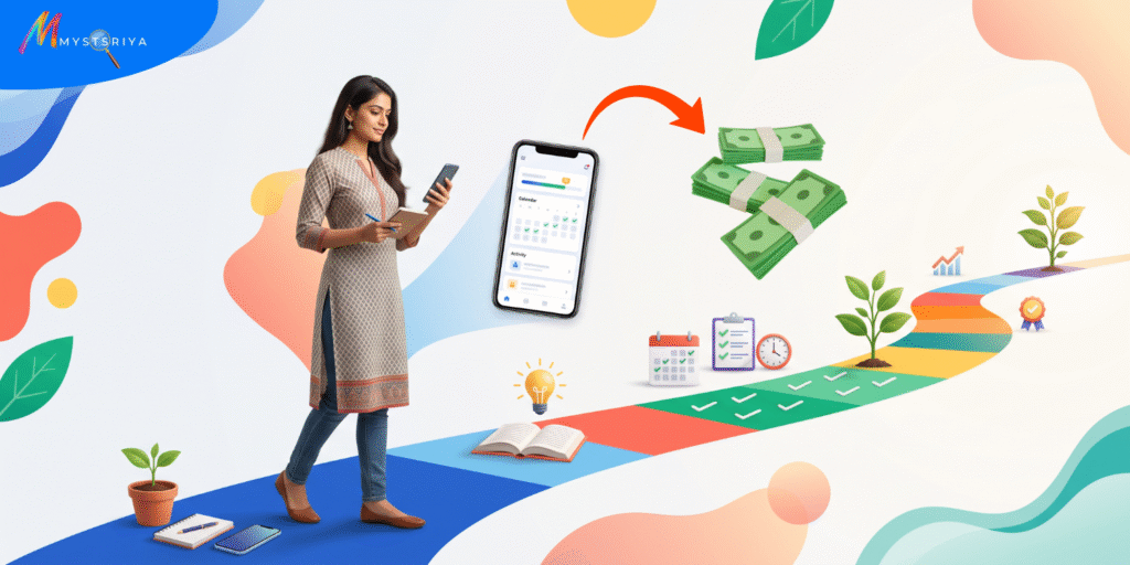 Online earning journey showing a woman using a smartphone, tracking activities, setting goals, and progressing toward financial growth.