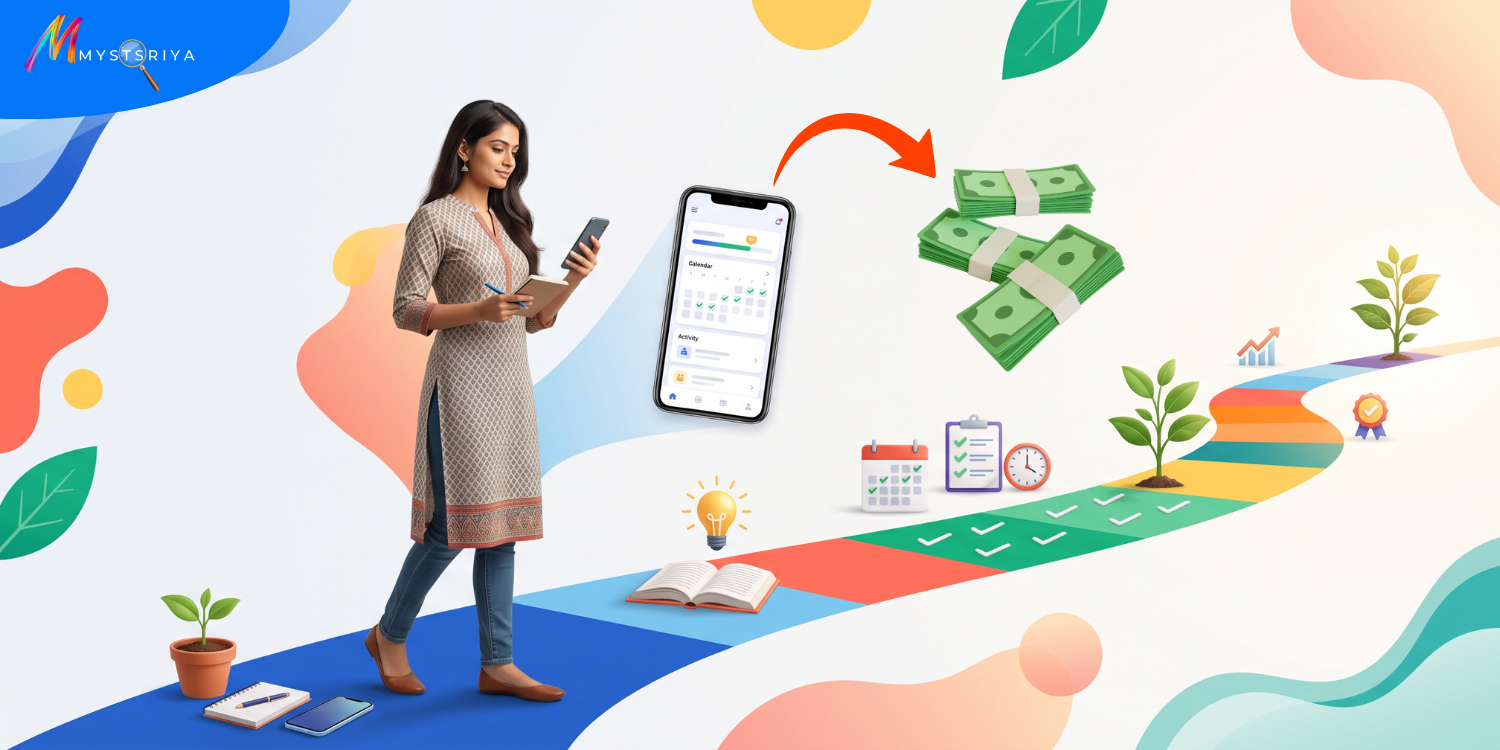 Online earning journey showing a woman using a smartphone, tracking activities, setting goals, and progressing toward financial growth.