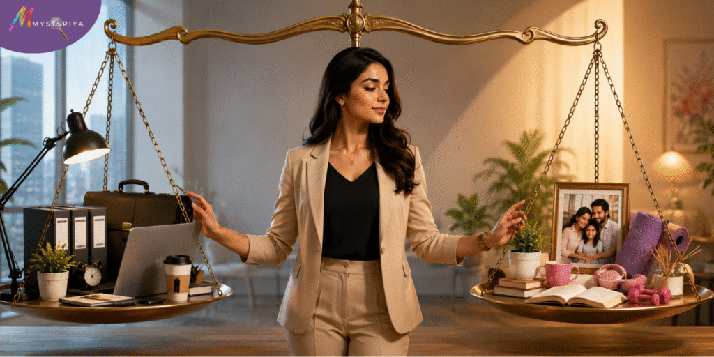 Woman balancing work, family, and personal goals on a symbolic time management scale.