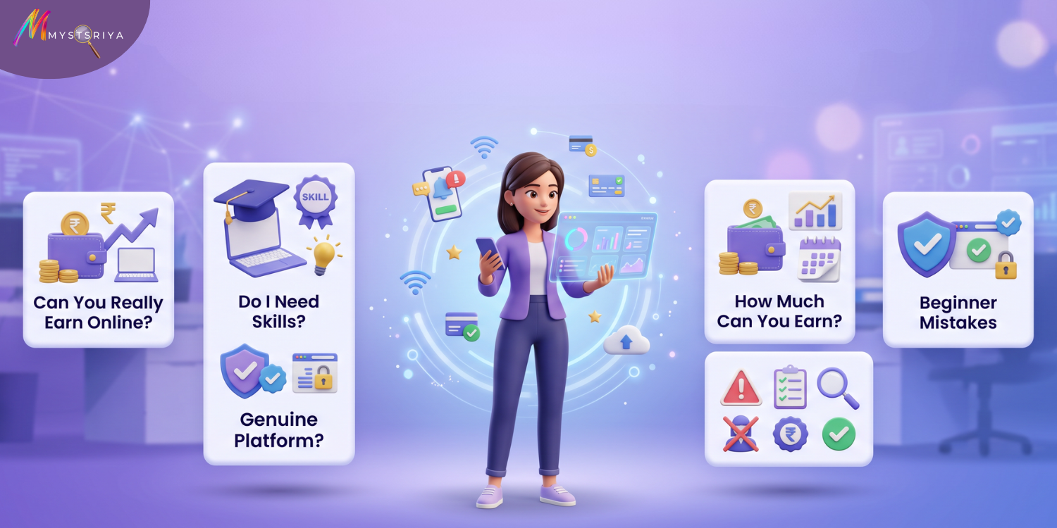 Illustration of online earning concepts showing a woman using digital tools with key topics including can you really earn online, skills needed, genuine online earning platform, earning potential, and beginner mistakes.