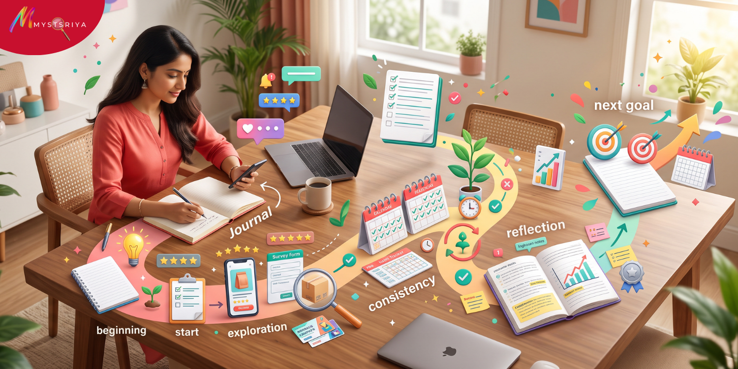 Woman journaling while exploring ways to earn online, with goals, calendars, checklists, progress tracking, and reflection elements on a desk.