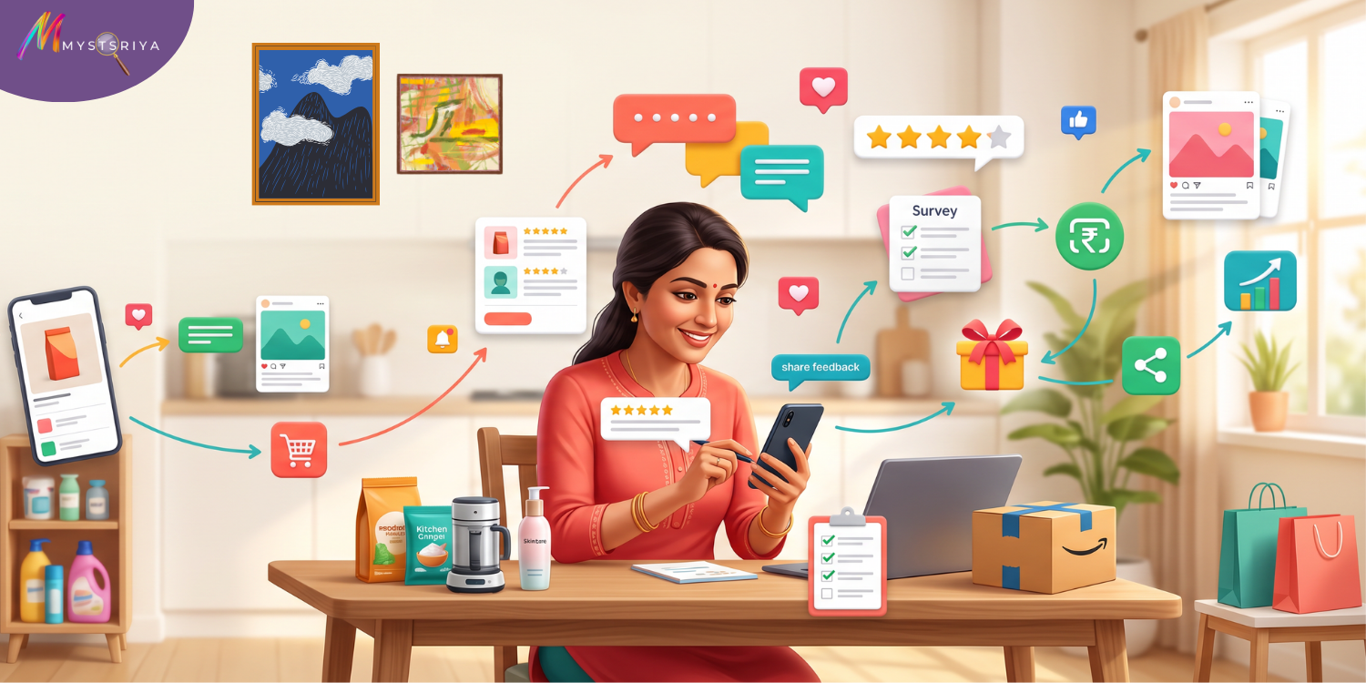 Indian woman using a smartphone to explore product reviews, surveys, feedback and online earning opportunities.