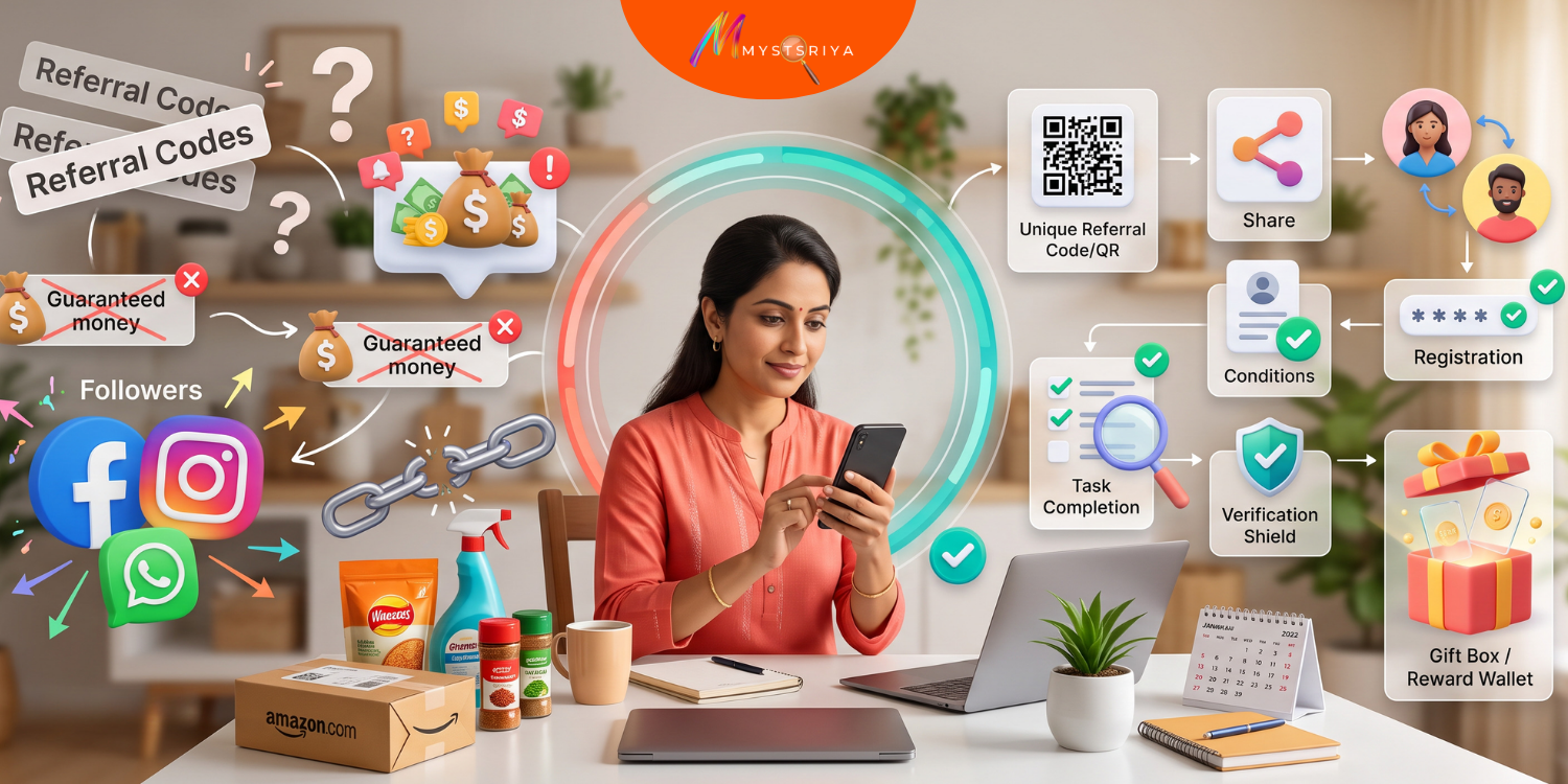 Online earning referral program myths and facts showing referral codes, social media sharing, registration, task completion, verification and rewards.